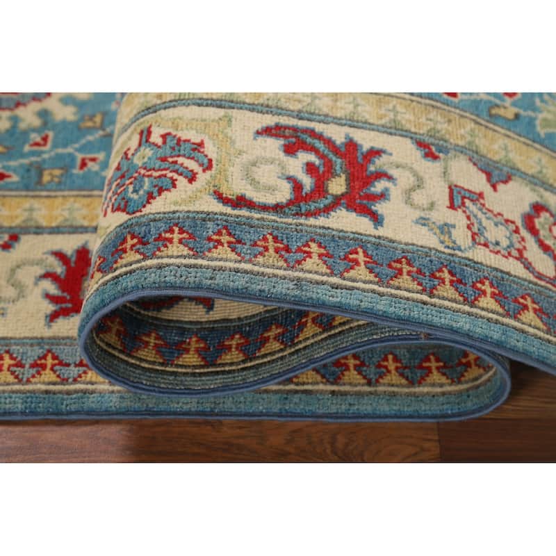 Blue Geometric Kazak Oriental Runner Rug Handmade Wool Carpet - 2'9" x 9'8"