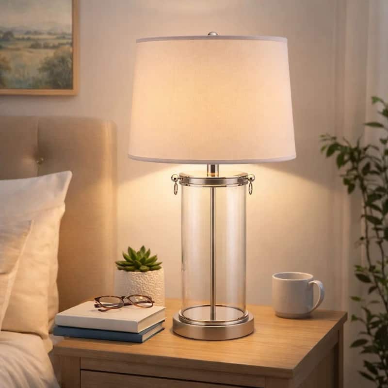 Axie 28 Inch Table Lamp, Glass Stand, Empire Shade, Metal, Nickel Finish
