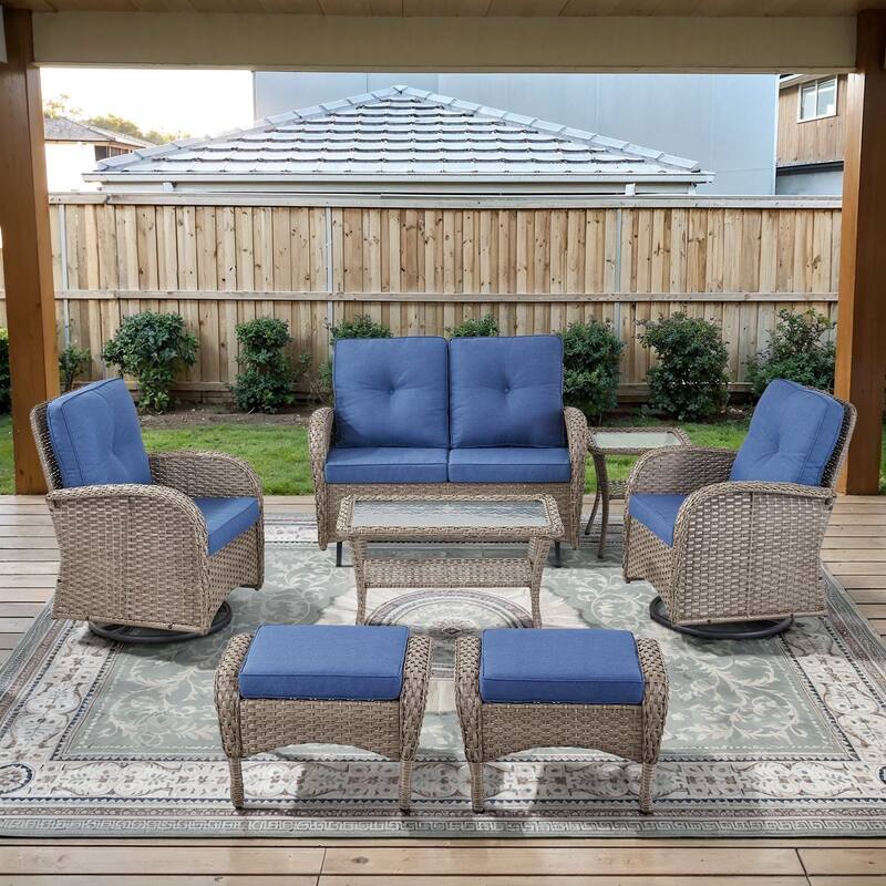 Gymojoy Outdoor Wicker Patio Furniture Loveseat Glider & Chair Set Weather-Resistant - Grey Wicker / Blue Cusion - Loveseat Set - included Swivel Chairs