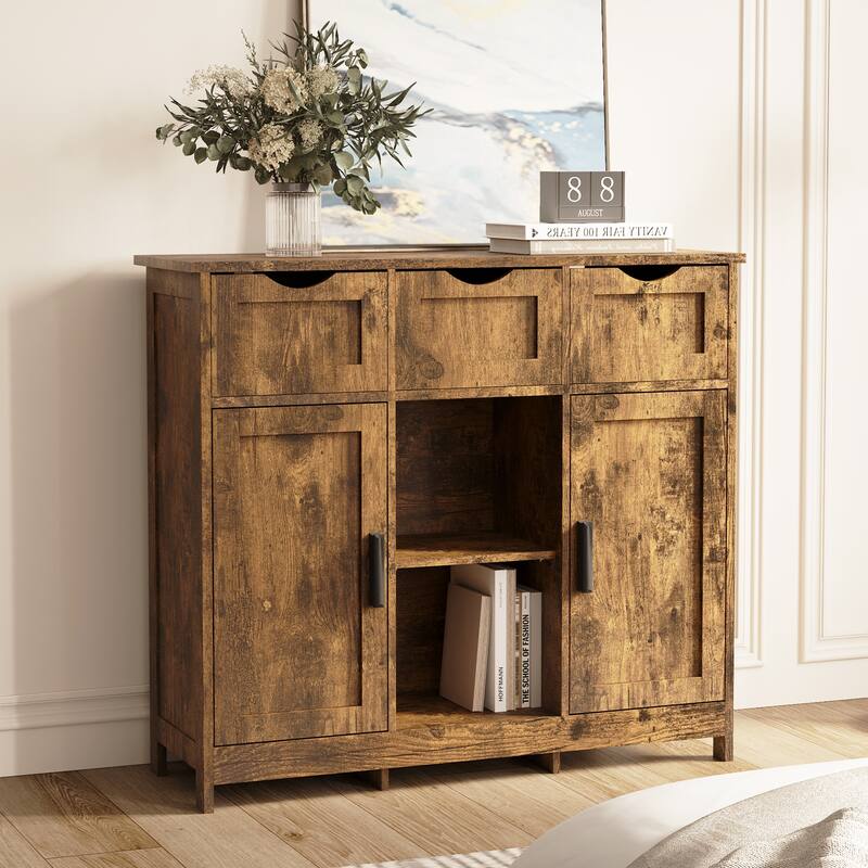 Freestanding Wooden Floor Storage Cabinet, Accent Cabinet with 2 Doors & 3 Drawers, Buffet Cabinet with Adjustable Shelves