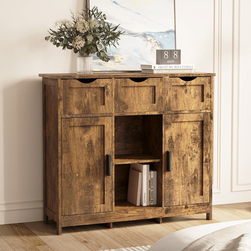 Vintage Wooden Storage Cabinet with Drawers and Adjustable Shelves for Living Room, Bedroom, Bathroom