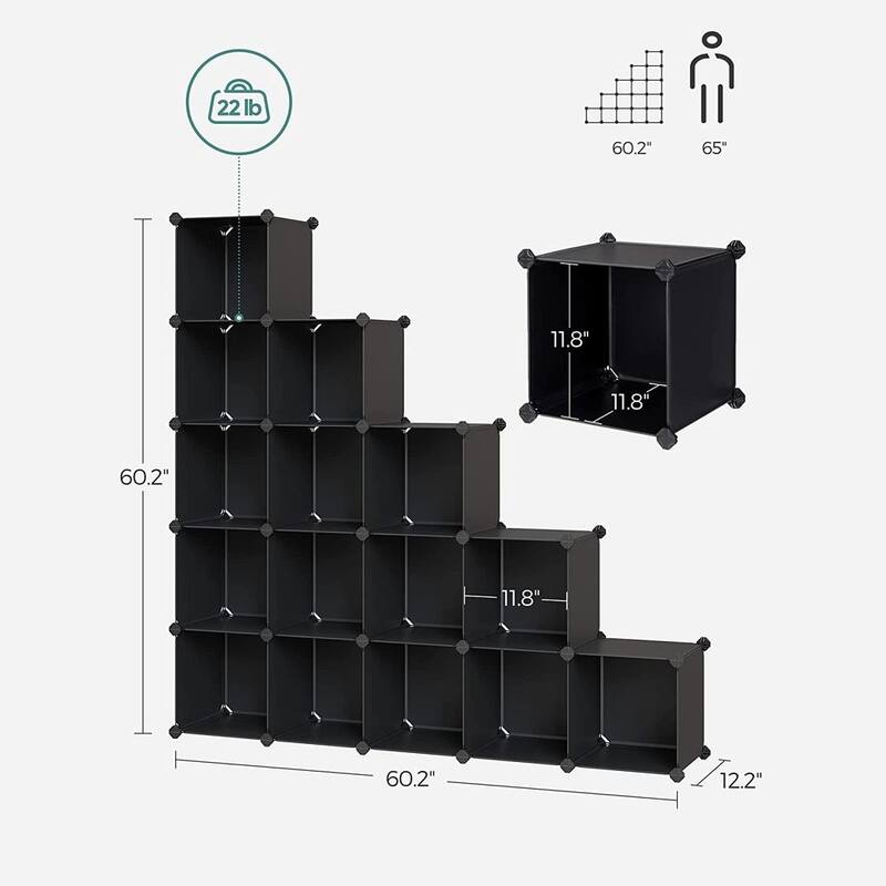 Black 16-Cube DIY Storage Organizer Shelf with ABS Connectors and Shelving for Living Room or Entryway