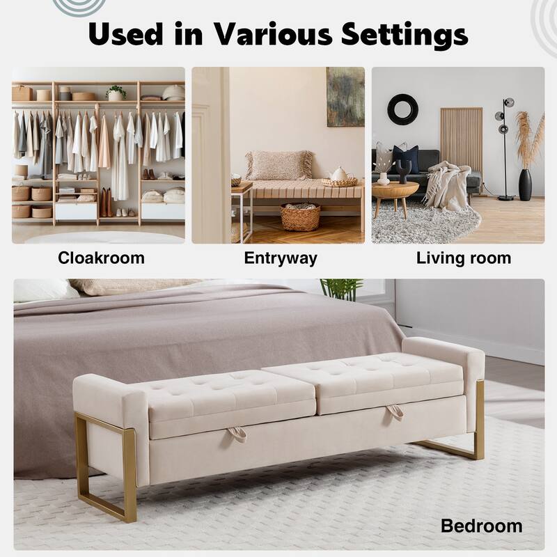 66" Storage Bench King Size End of Bed with Double Lids and Gold Legs