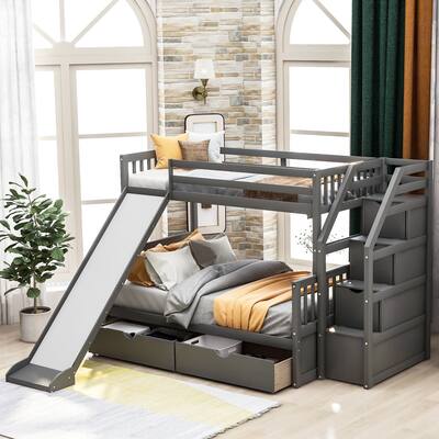 Twin over Full Bunk Bed with Drawers,Storage and Slide, Multifunction