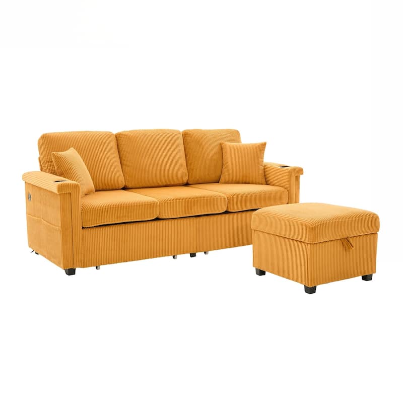 L-Shaped Sectional Sofa with Pull-Out Storage,Ottoman & Pillows 3-Seat with USB Charging,Cup Holder, Convertible Design