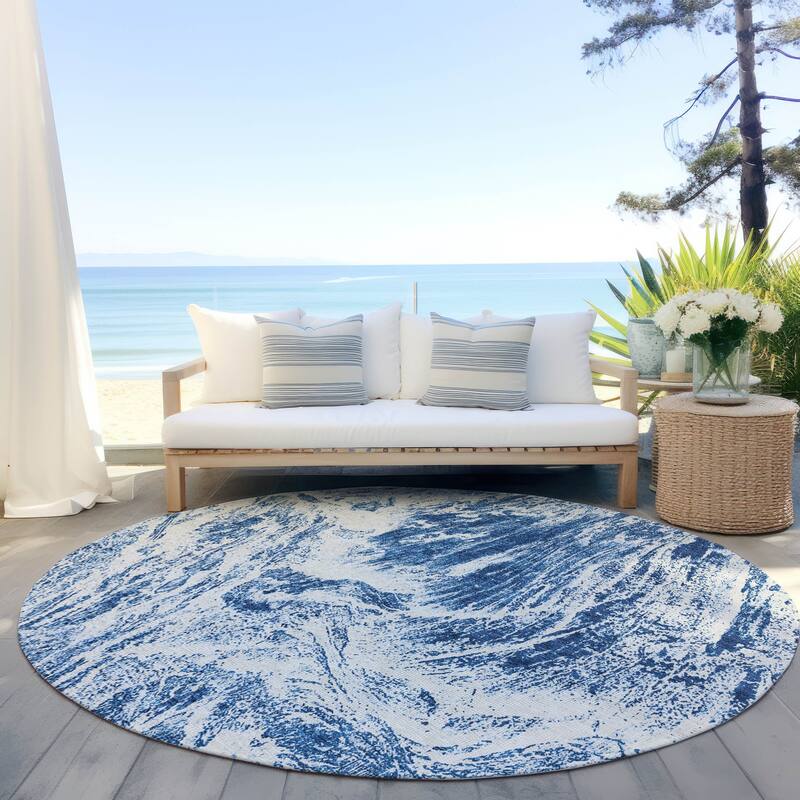 Machine Washable Indoor/ Outdoor Modern Abstract Chantille Rug - Navy - 8' x 8'
