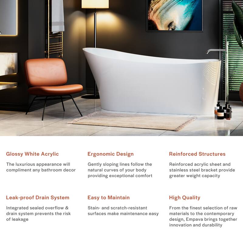 Empava 67 in. x 29.5 in. Freestanding Flat Bottom Bath Tub Soaking Bathtub with Left Drain in White
