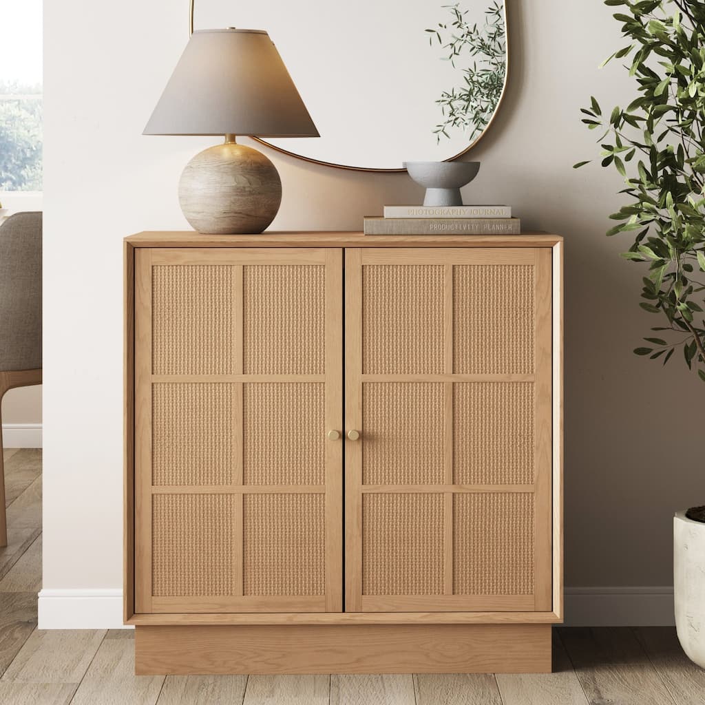 Elise Modern Coastal Rattan Storage Cabinet, Oak TV Cabinet Stand with Doors and Brass Door Handles