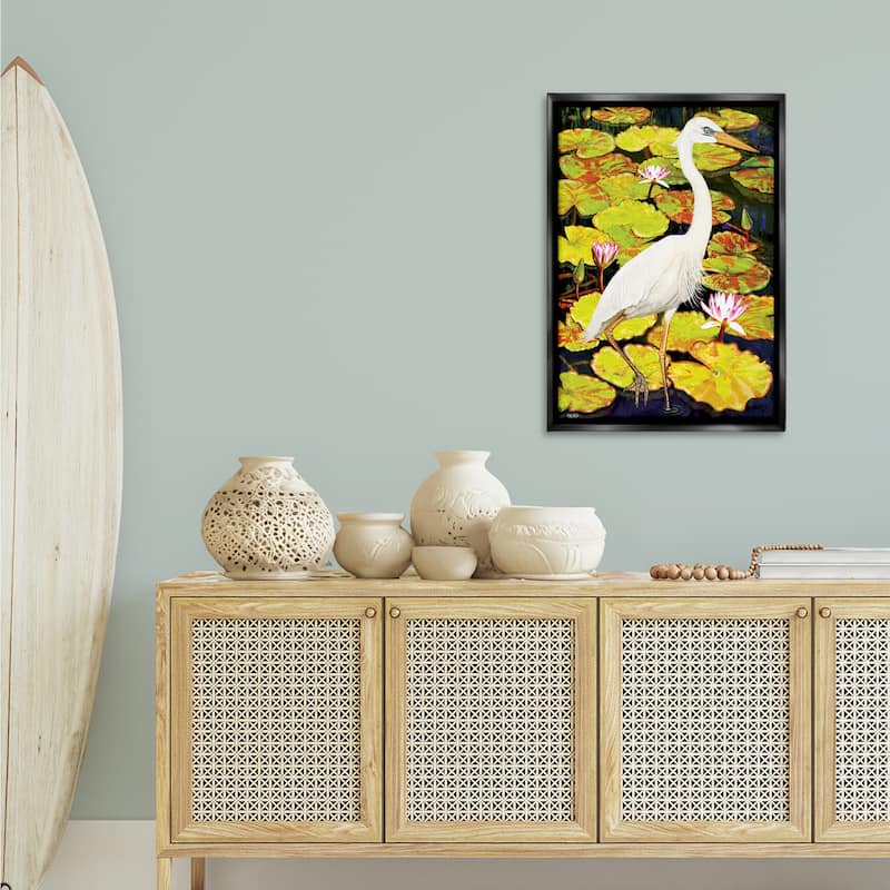 Stupell Stepping Bird on Lily Pads Framed Floater Canvas Wall Art Design By Rosiland Solomon