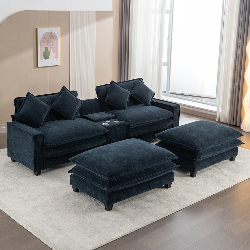 111" Chenille Sectional Sofa Set with USB Ports & Cup Holders, Oversized Chaise Lounge Modular Loveseat with 2 Ottomans