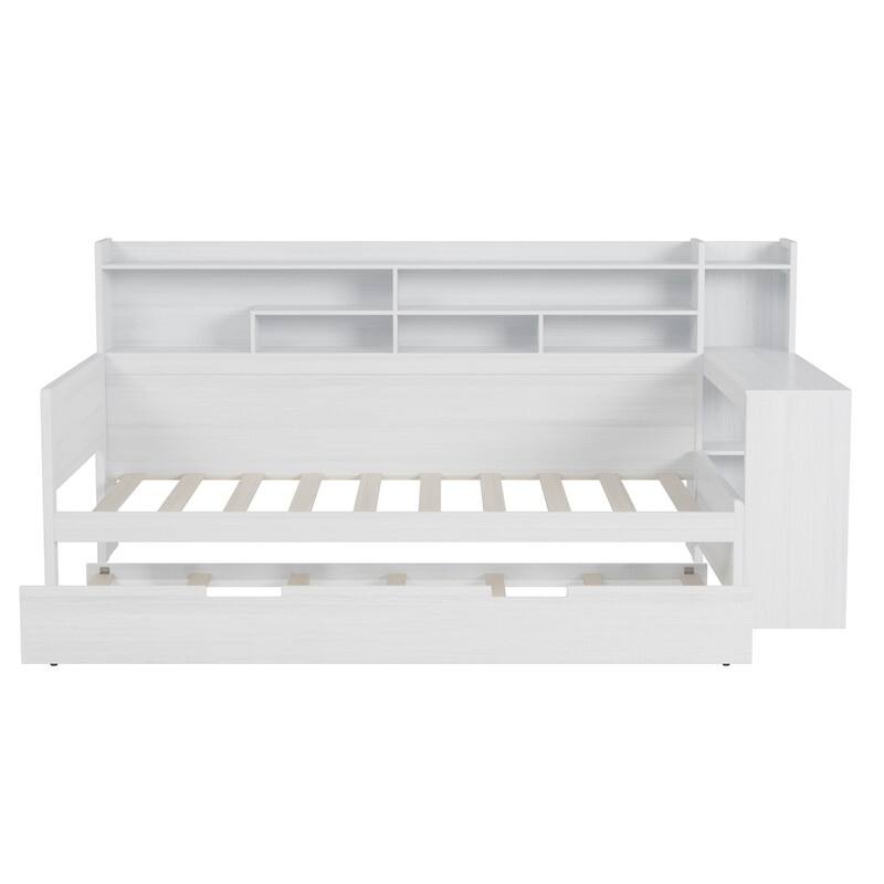 Twin/Full Size Multifunctional Daybed with Storage Shelves and Desk, Wooden Platform Bed Frame with Twin Size Trundle