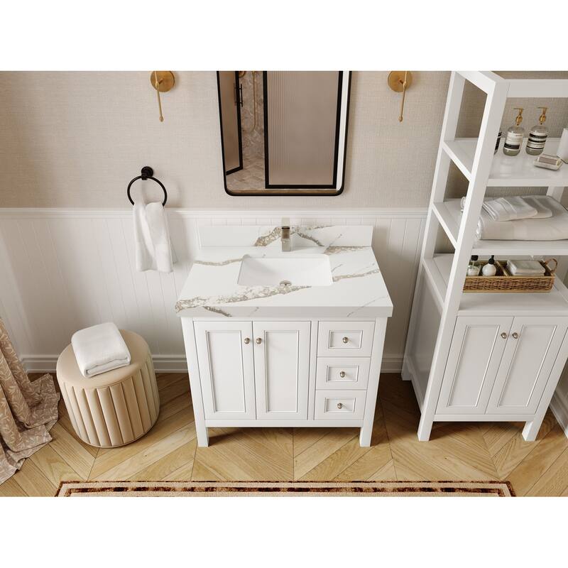 Willow Collections 36 in. W x 22 in. D Nashville Center Left Sink Bathroom Vanity with Countertop - 2”Calacatta Gold - White