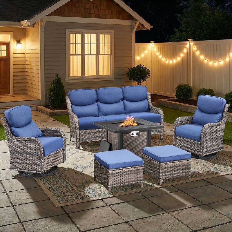 Pocassy 30 In Outdoor Propane Fire Pit Table with Patio Conversation Sets - Gray Wicker Blue Cushion - 6-Piece Sofa Swivel Chair Ottoman w/ Fie Table