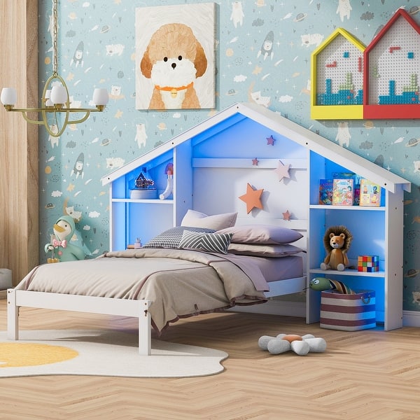 slide 2 of 37, House Shaped Platform Bed with Built-in LED Lights Wood Platform Bed Frame with Storage Headboard & Shelves, Easy Assembly White - Twin