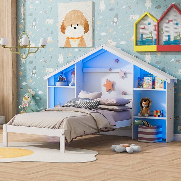 slide 2 of 22, Twin Size Platform Bed with House-shaped Storage Headboard,Built-in LED,Kids Bed Design White