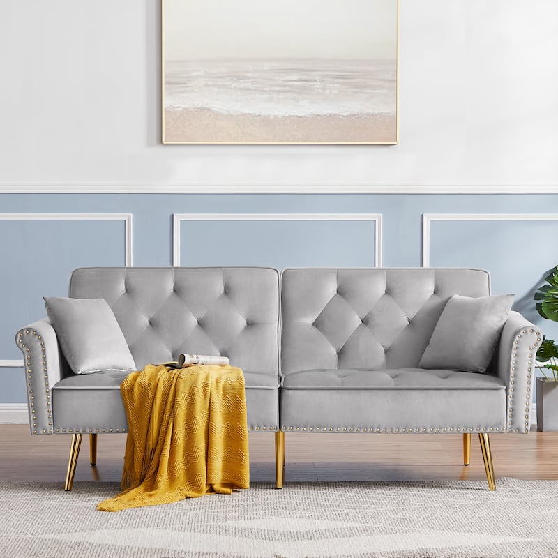 Velvet Loveseat, Upholstered Deep Seat Sofa with 2 Pillows and Nailhead Trim, 2-Seat Armchair Tufted Sofa with Metal Legs - Light Gray