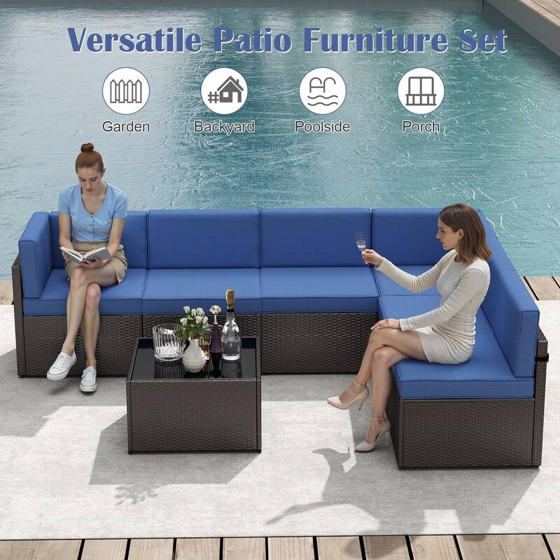 7PC Outdoor Patio Furniture Set, Wicker Patio Sectional Furniture Set with Coffee Table & Cushion for Garden, Backyard, Poolside