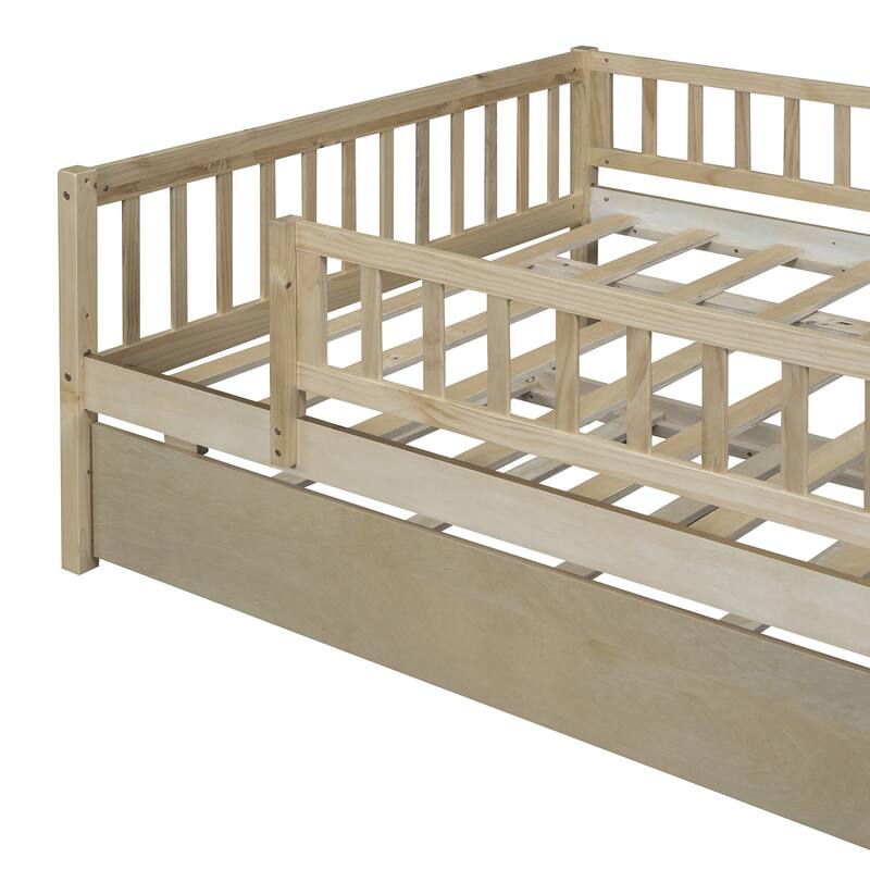 Full Size Wood Daybed with Trundle and Fence Guardrails, Space-Saving Design