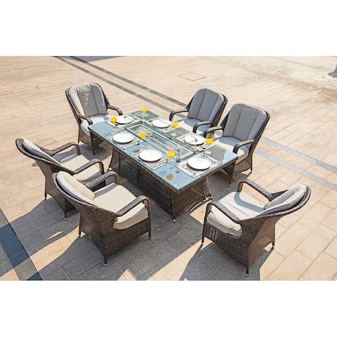 7-Piece Outdoor Wicker Rectangle Gas Fire Pit Table and 6 Arm Chairs