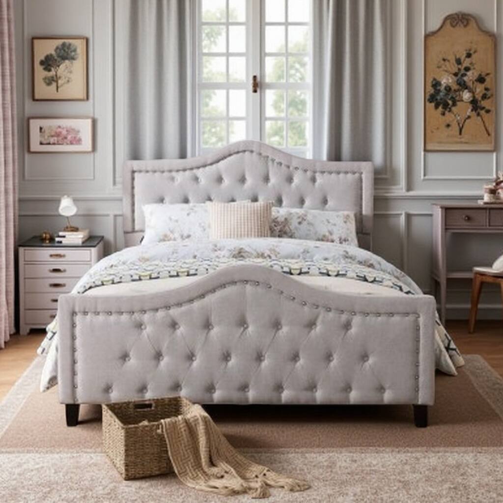 Queen Size Upholstered Bed Frame with Arched Rivet Trim Headboard & Footboard, Tufted Fabric Design, Sturdy Slat Support