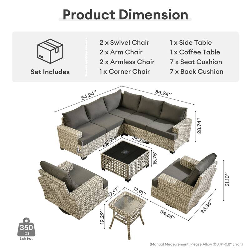 HOOOWOOO 9-piece Patio Wicker Sofa Swivel Chair Sectional Set