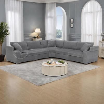 106" Corduroy L-Shaped Sectional Sofa with USB Charger and Storage, 5-Seater, 330lb Capacity