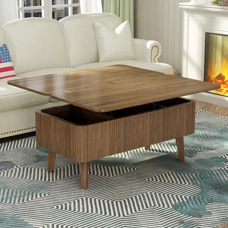 3-in-1 Lift Top Coffee Table Converts to Dining Table, Fluted Oval Wooden Storage Center Table - Brown