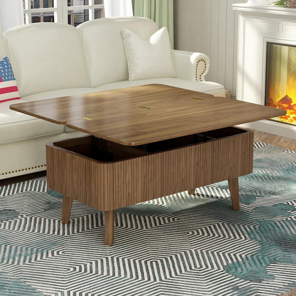 3-in-1 Lift Top Coffee Table Converts to Dining Table, Fluted Oval Wooden Storage Center Table