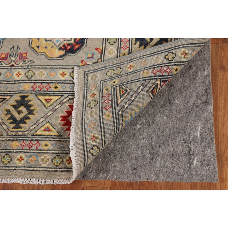 Geometric Kazak Rug Handmade Oriental Grey Wool Carpet - 4'2" x 6'0"