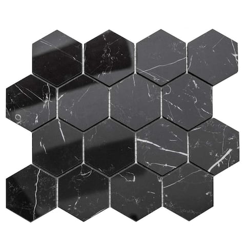 Stately Hex 11"x14" Porcelain Marble Look Wall & Floor Tile Black