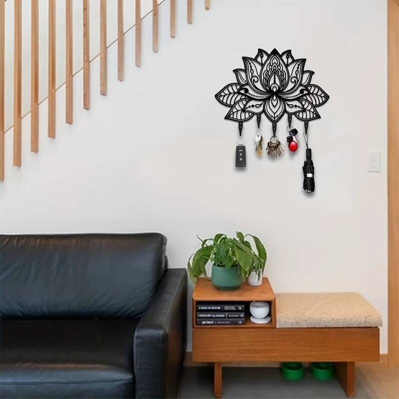 Wall-Mounted Towel Rack with 6 Hooks Black Matte Metal Space-Saving Bathroom Organizer - N/A