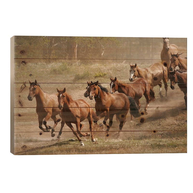 Western Ranch Wild Mustangs Print On Wood by Unknown Artist - Multi-Color - 26x40x1.5
