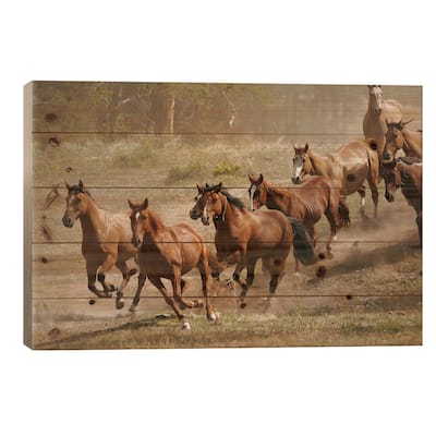 Western Ranch Wild Mustangs Print On Wood by Unknown Artist - Multi-Color