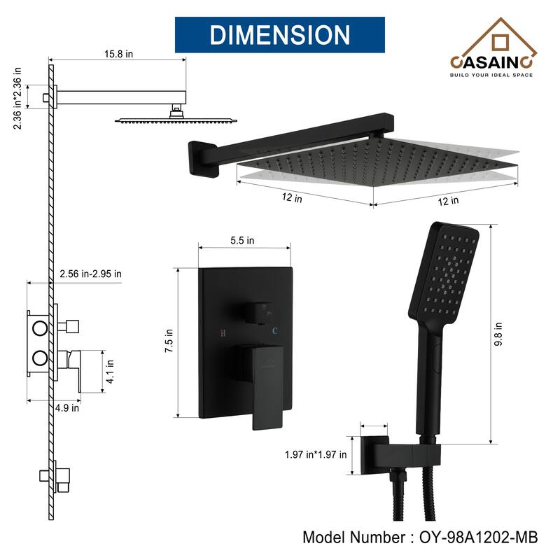 3-Spray Pattern 12 in. Wall Mount Shower Shower System Head and Functional Handheld - 12 inch