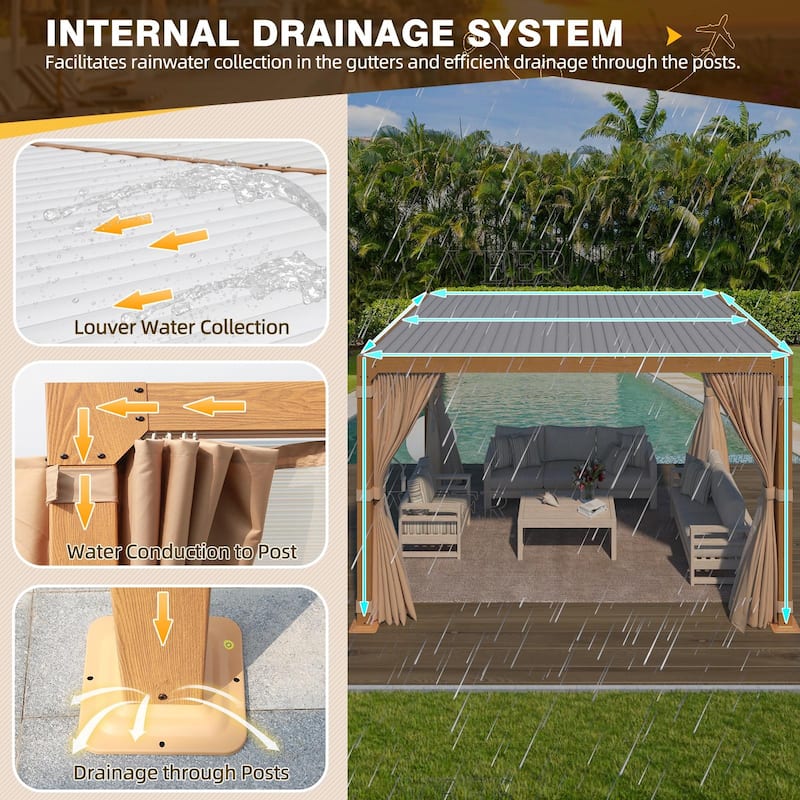 EROMMY Outdoor Louvered Pergola Gazebo with Adjustable Aluminum Rainproof Roof and Pull-Down Screen