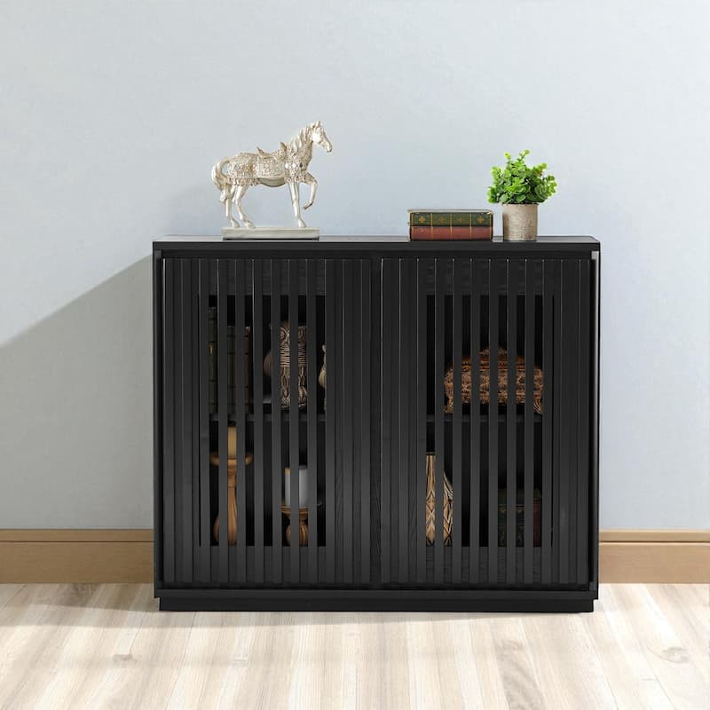 Mid Century Fluted Sideboard Cabinet with Outlet Holes, Solid Wood & MDF Buffet Storage for Entryway Hallway Dining Room. - Black