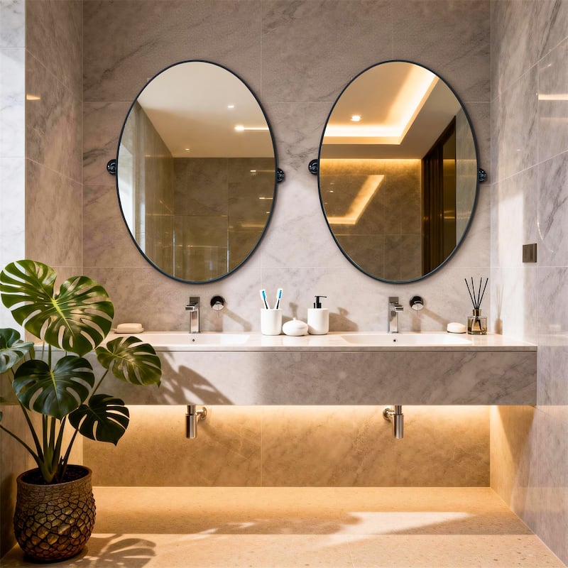 Metal Framed Pivoting Bathroom Vanity Mirror Adjustable Tilting Oval Wall Mirror Horizontal or Vertical - 19.68” x 27.56”