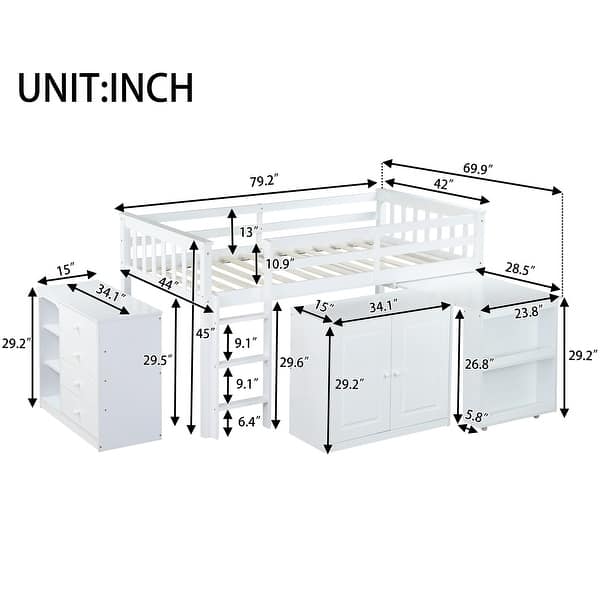 dimension image slide 1 of 2, Rubber Wood Twin Loft Bed with Drawer,Shelf Cabinet and Pulling-Out Desk