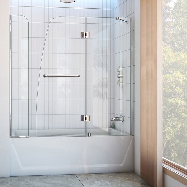 DreamLine Aqua 56-60 in. W x 58 in. H Hinged Tub Door with Extender Panel - 56" - 60" W - 56" - 60" W. Opens flyout.