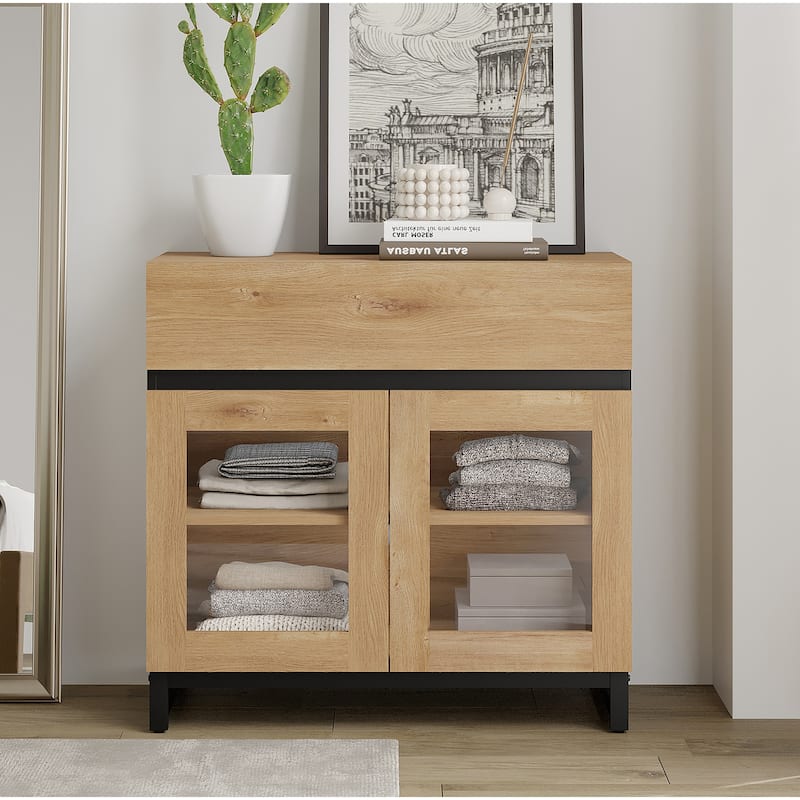 Modern Dresser With Glass Doors, Drawer, And Adjustable Shelf - Multifunctional Storage Cabinet For Living Room Or Bedroom - Oak - 1-drawer