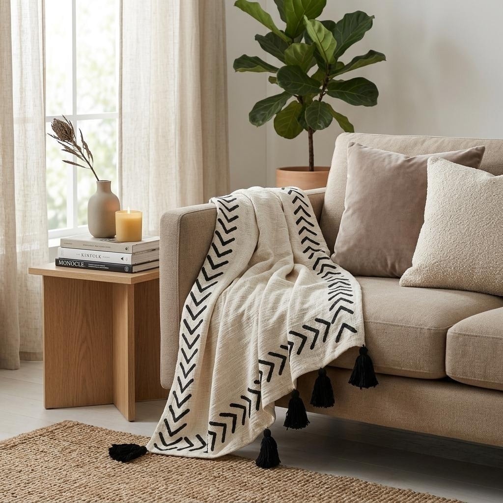 HomeRoots Black and White Woven Cotton Striped Throw Blanket