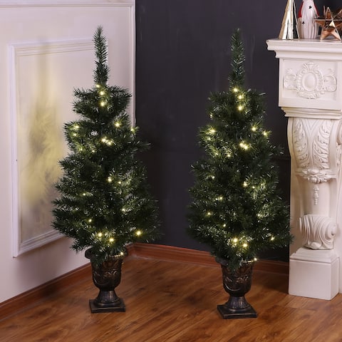 4-Ft Artificial Green PVC Entrance Christmas Trees with Lights for Indoor/Outdoor Holiday Decoration (Set of 2)