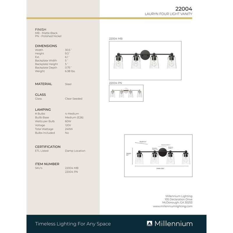 Millennium Lighting Lauryn 3/4 Light Vanity Fixture