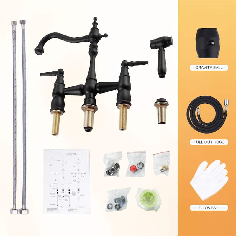 WOWOW 4 Hole Double Handle Bridge Kitchen Faucet with Side Sprayer