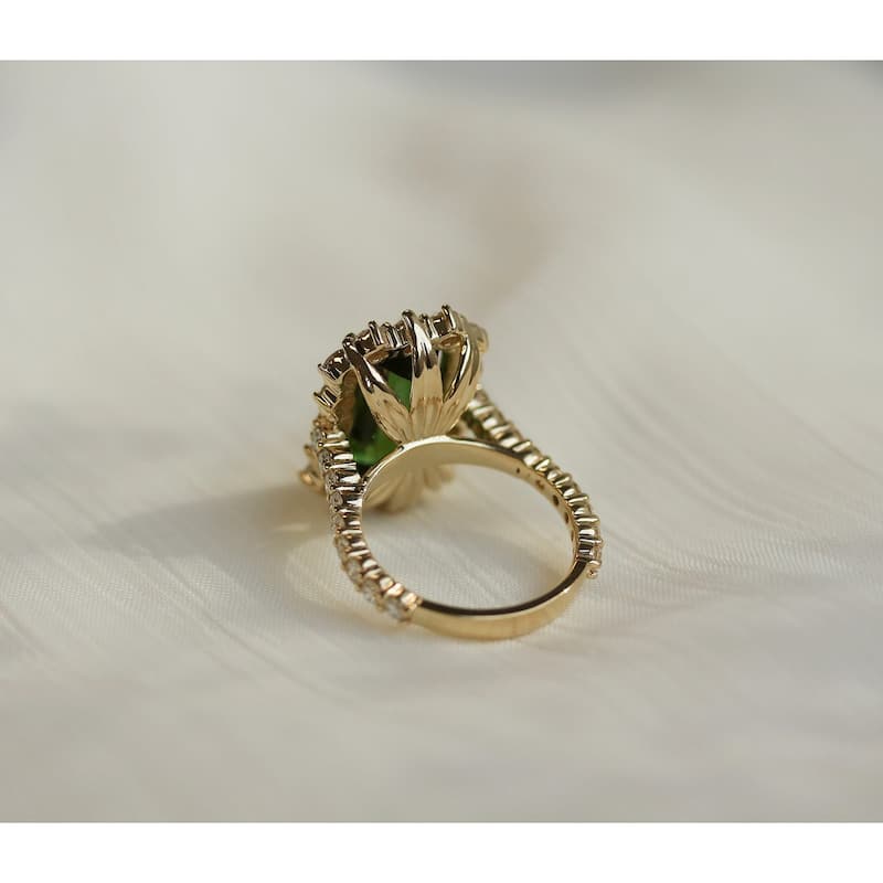 Kobelli 9.66 Carats Green Tourmaline & White Diamond 14k Solid Gold Elongated Emerald-cut Rococo Halo Elizabeth Ring