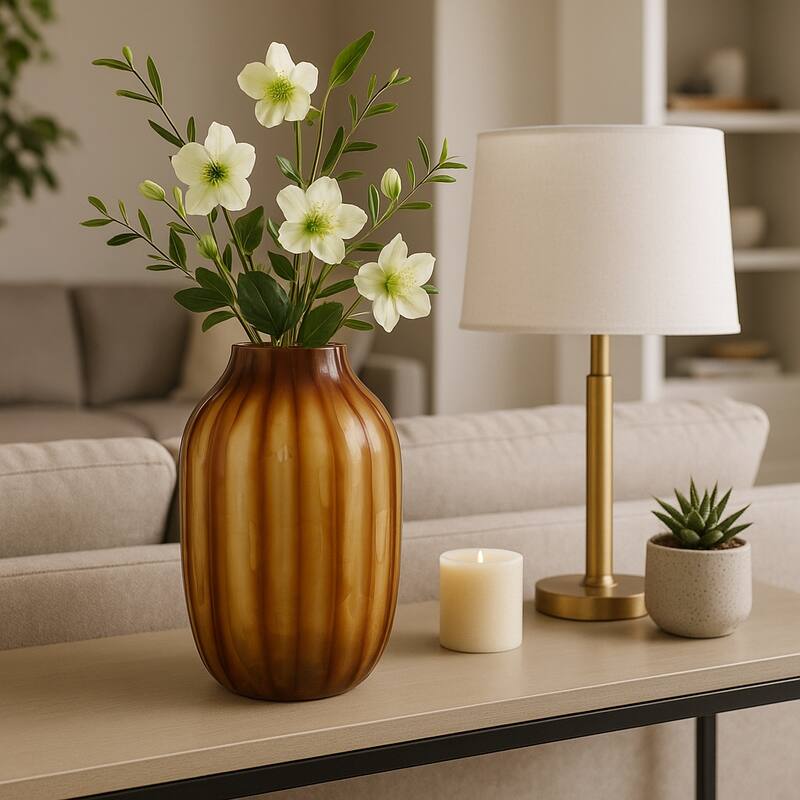 Glass Large Vertical Ribbed Decorative Vase - Brown - 15.0"