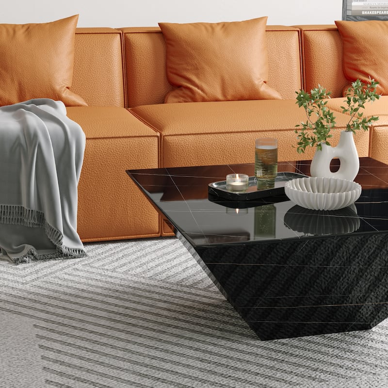 Modern Square Coffee Table, Trapezoid White Sintered Stone Coffee Table, Fully-assembled