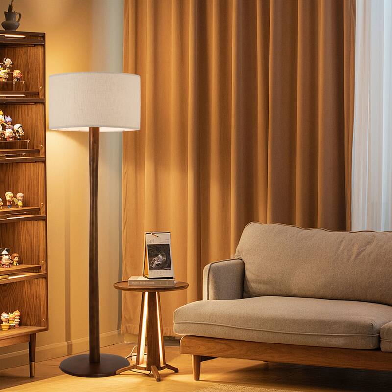 61 in. Retro Standing Floor Lamp with Rubberwood Base and Linen KD Lampshade for Bedroom, Living Room