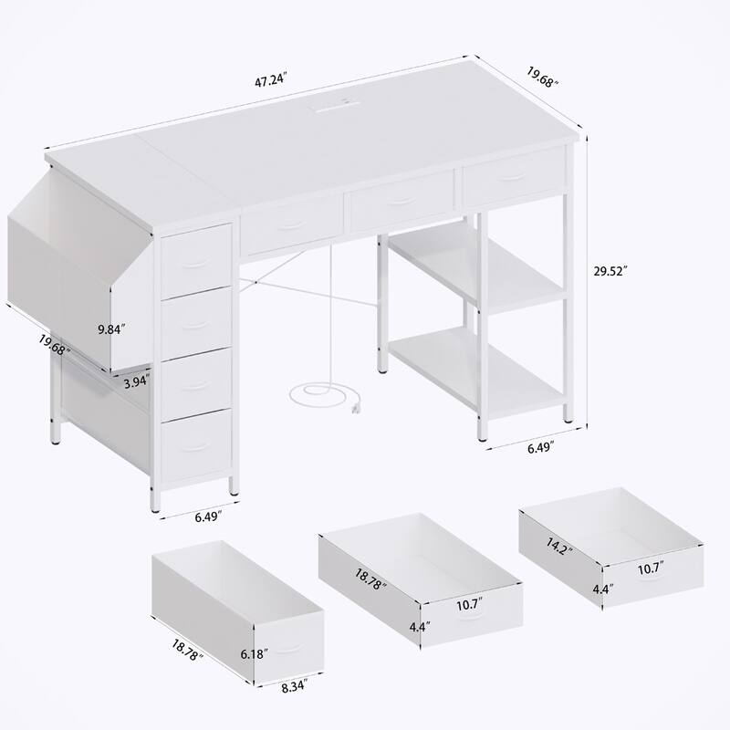 Computer Desk with Power Outlets 7 Fabric Drawers Large Side Pocket Reversible Storage Small Vanity Desk 47inch Office
