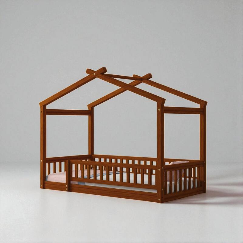 Twin/Full Size Wooden House Bed Frame with Fence and Roof, Playhouse Style for Kids and Teens